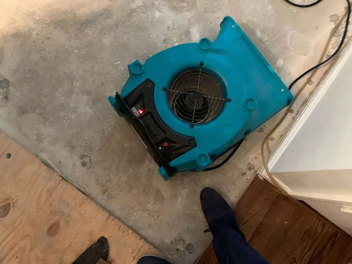 Air mover drying subfloor during Commercial Water Damage Restoration in Clifton Heights